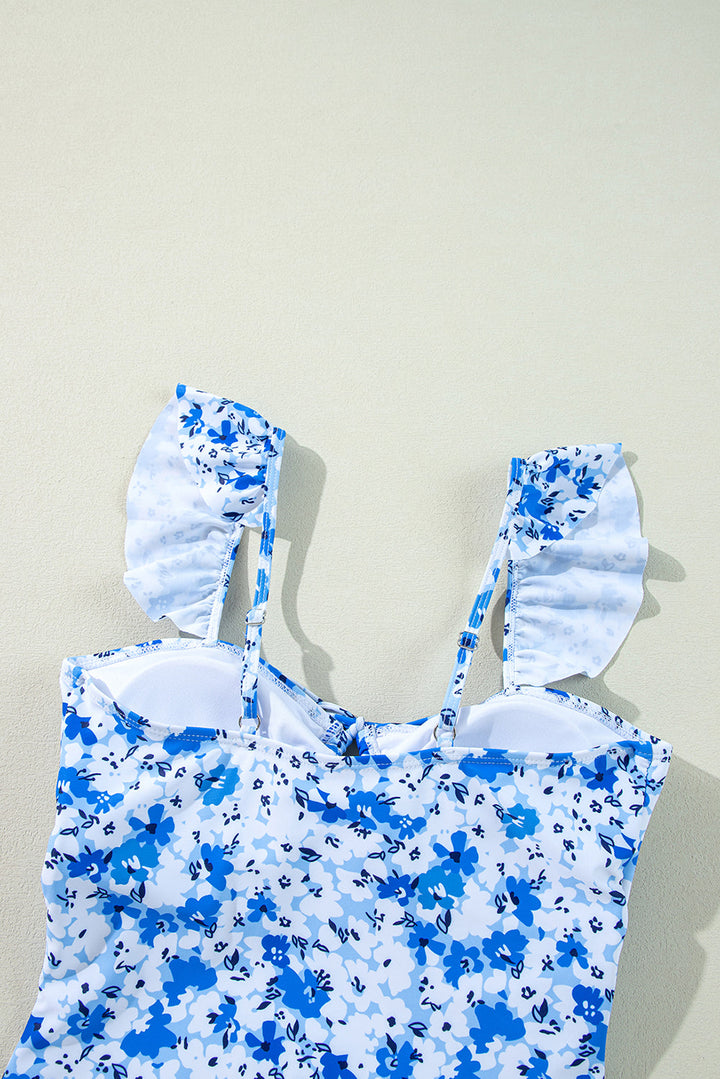 floral ruffled strap lace up hollow out one piece swimsuit
