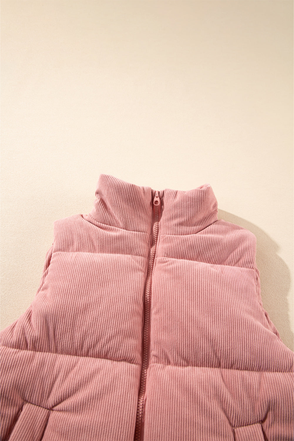 Apricot Pink Corduroy Stand Neck Zipped Puffer Vest