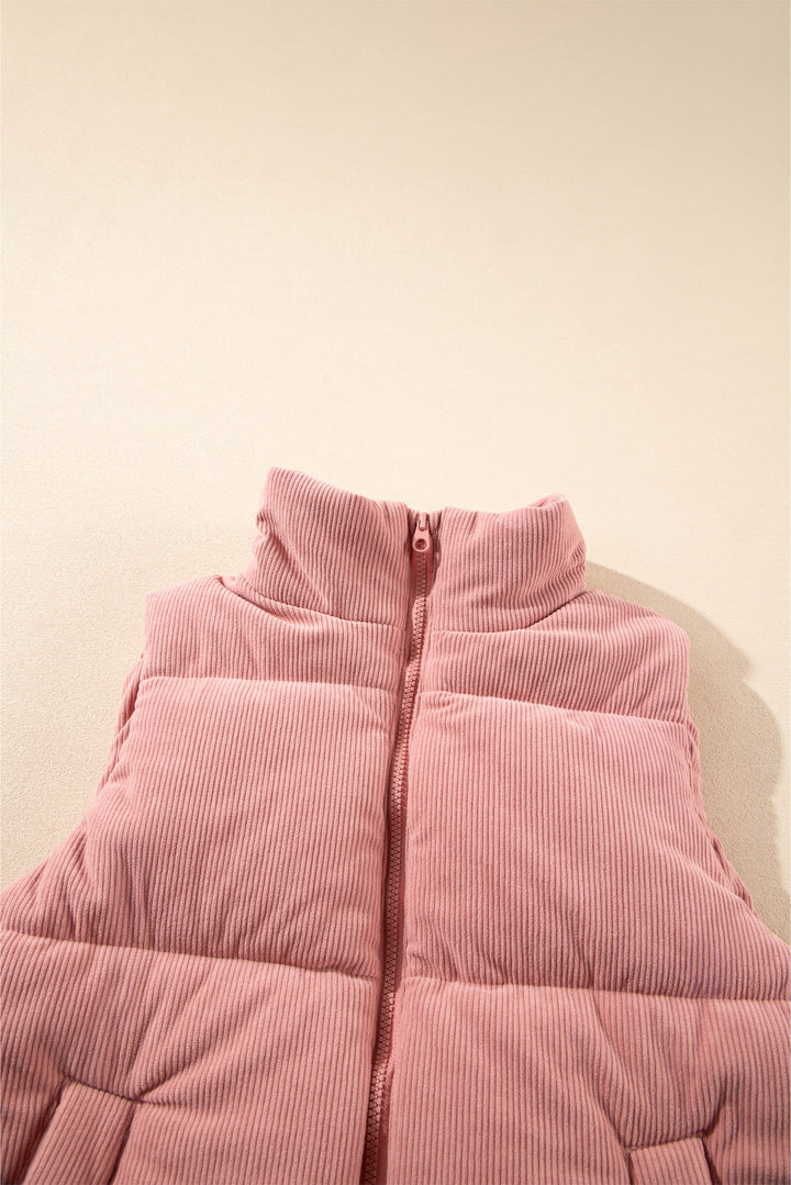 Apricot Pink Corduroy Stand Neck Zipped Puffer Vest