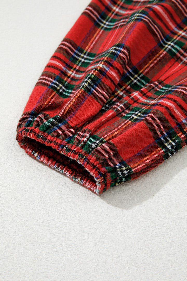 Plaid Print Ricrac Tiered Bubble Sleeve Mini Dress