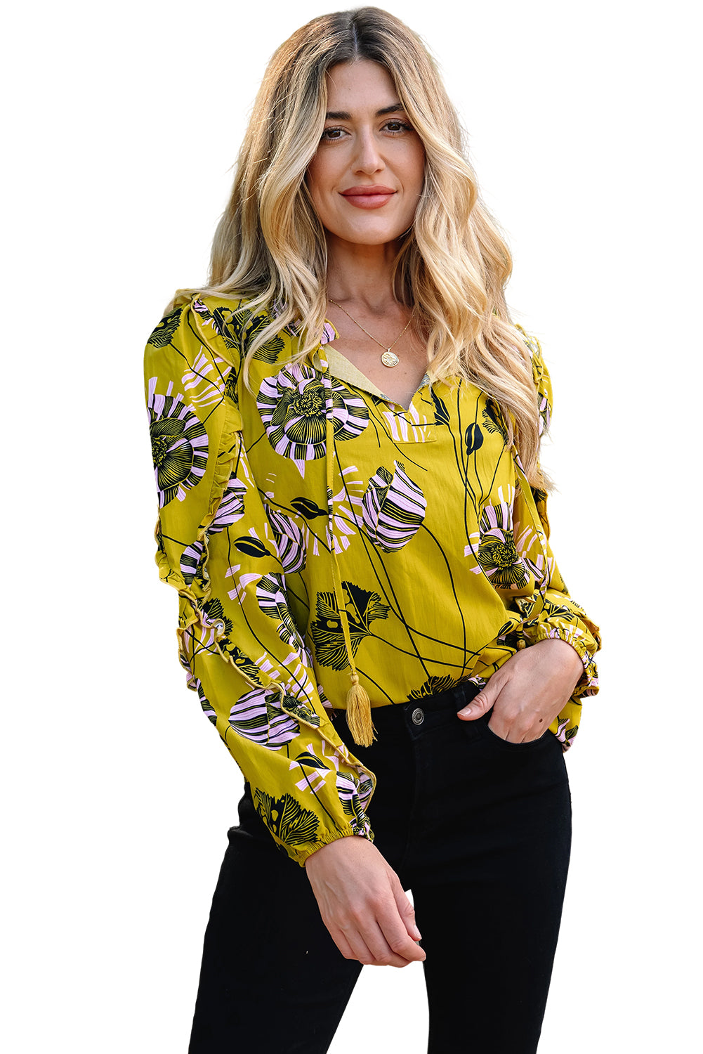 Vintage Floral V Neck Ruffle Trim Long Sleeve Blouse