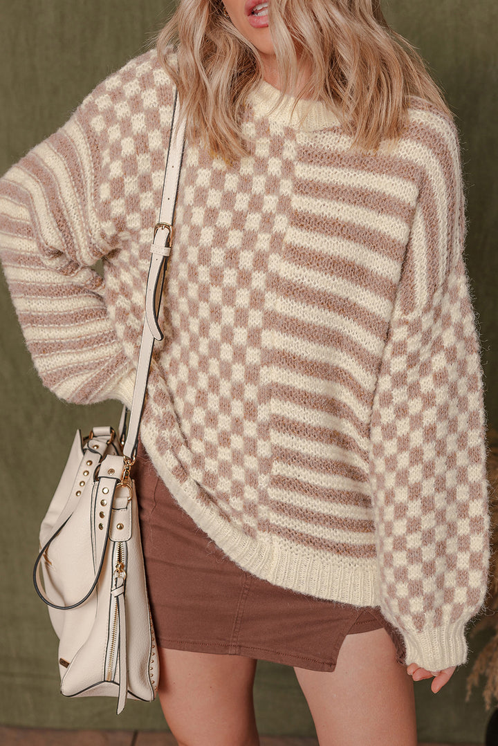 Checkerboard Drop Shoulder Balloon Sleeve Sweater