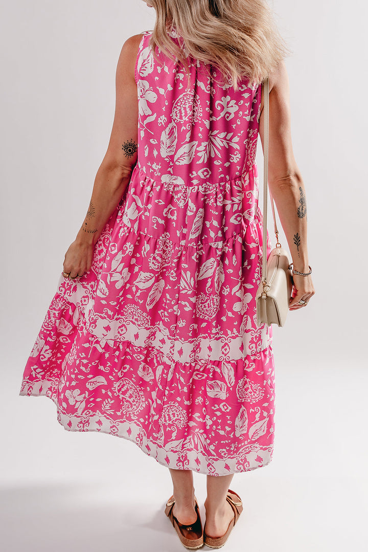 Floral Sleeveless Tasseled Lace-up Neck Tiered Midi Dress