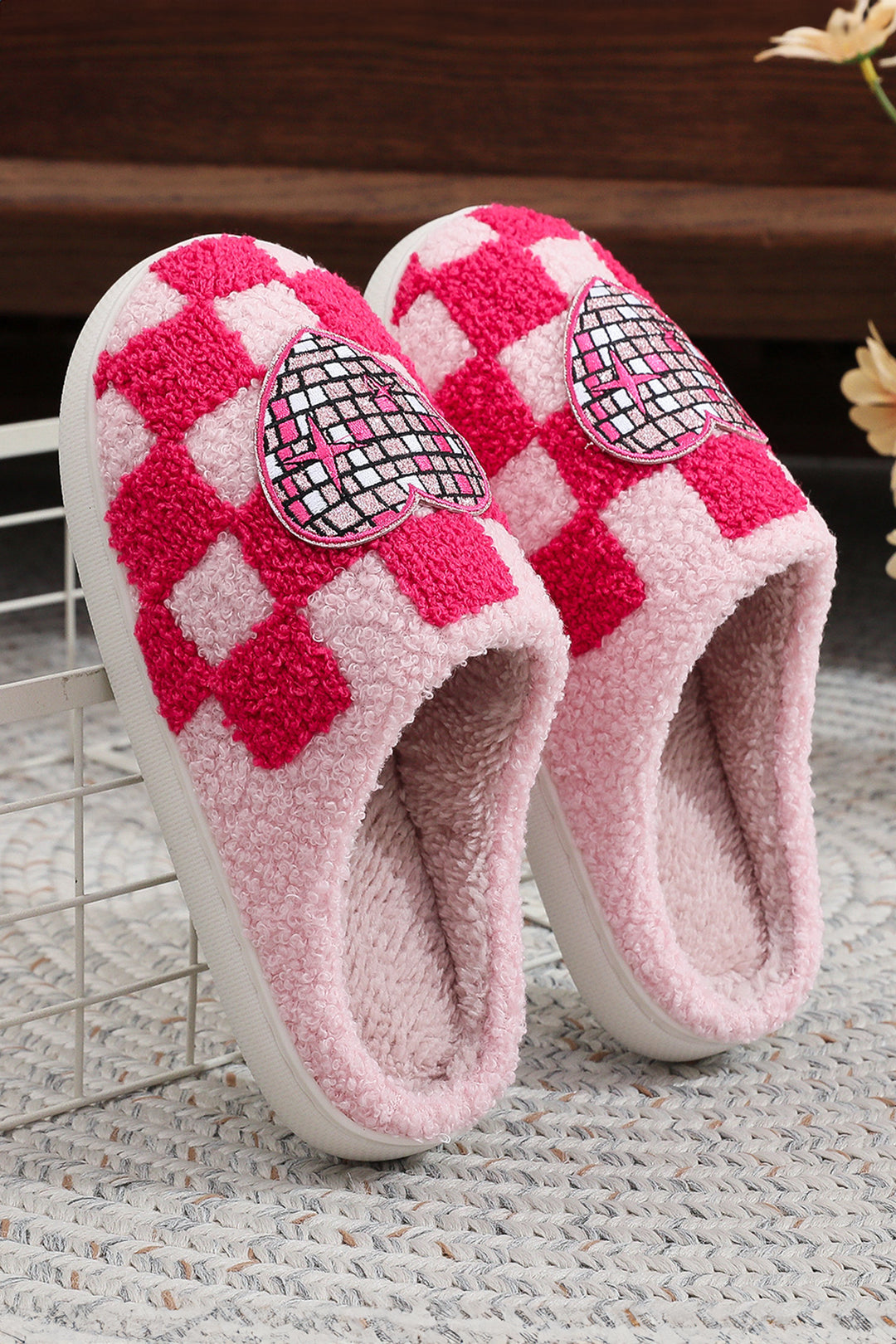 Disco Checkered Heart Plush Winter House Slippers