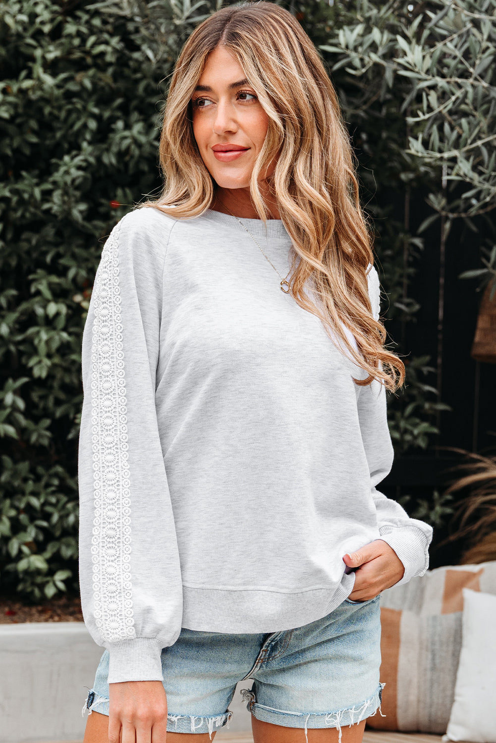 Lace Patchwork Raglan Sleeve Crew Neck Sweatshirt