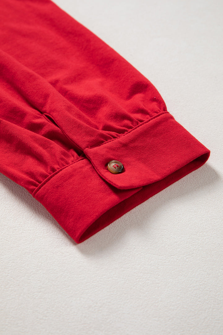 Red Stripe Half Placket V Neck Contrast 3/4 Sleeve Patchwork Top