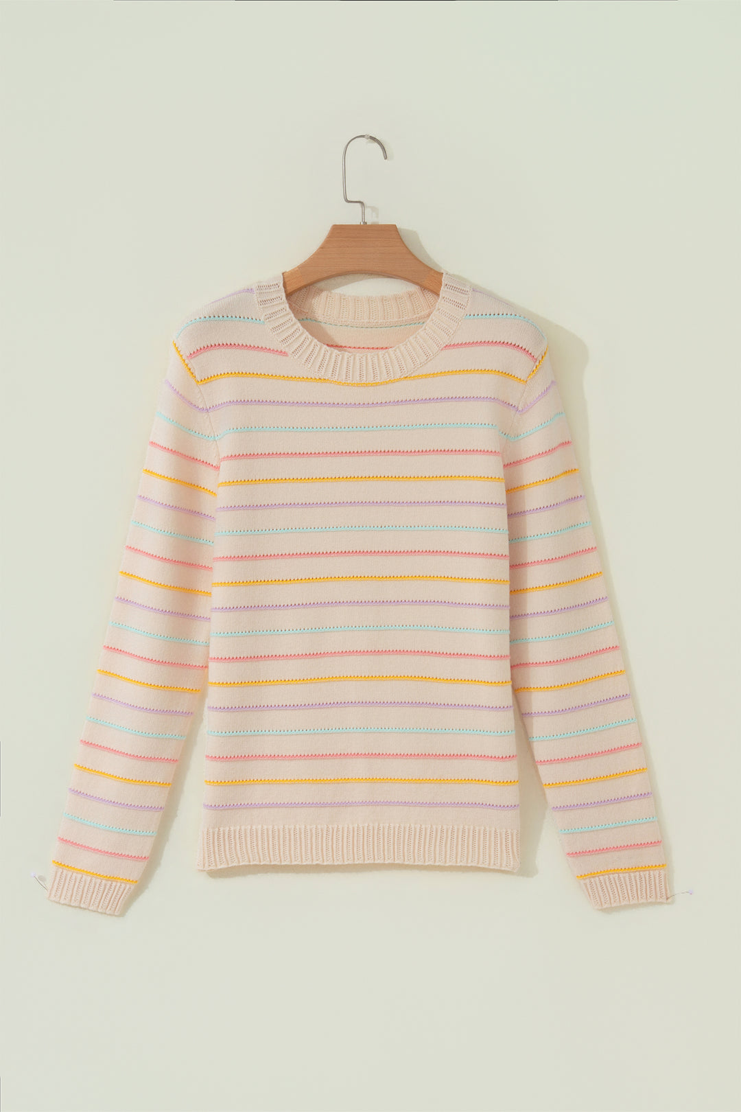 Beige Stripe Colorful Stripes Crew Neck Knit Sweater