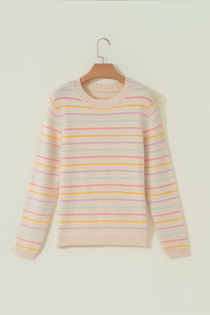 Beige Stripe Colorful Stripes Crew Neck Knit Sweater