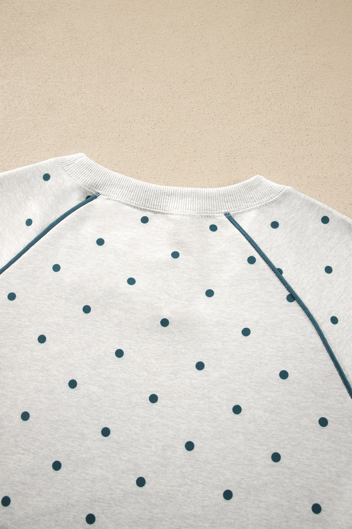Gray Polka Dot Print Piping Trim 3/4 Sleeve Relaxed Top