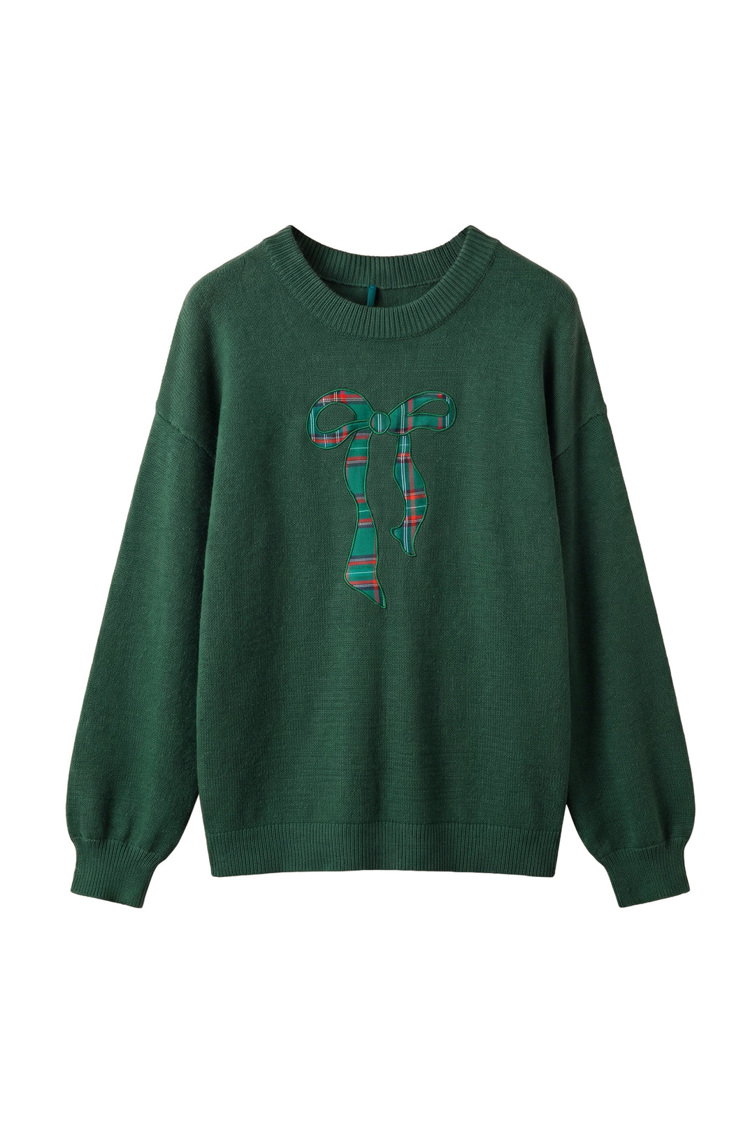 Blackish Green Plaid Bow Detail Drop Shoulder Christmas Sweater