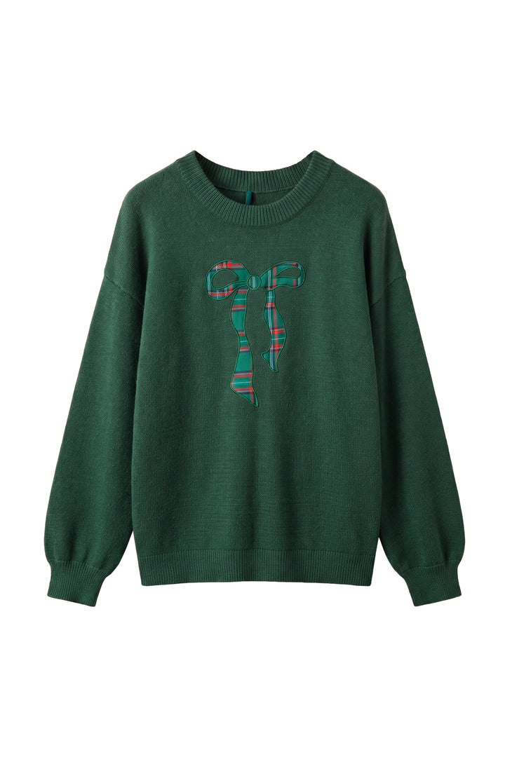 Blackish Green Plaid Bow Detail Drop Shoulder Christmas Sweater