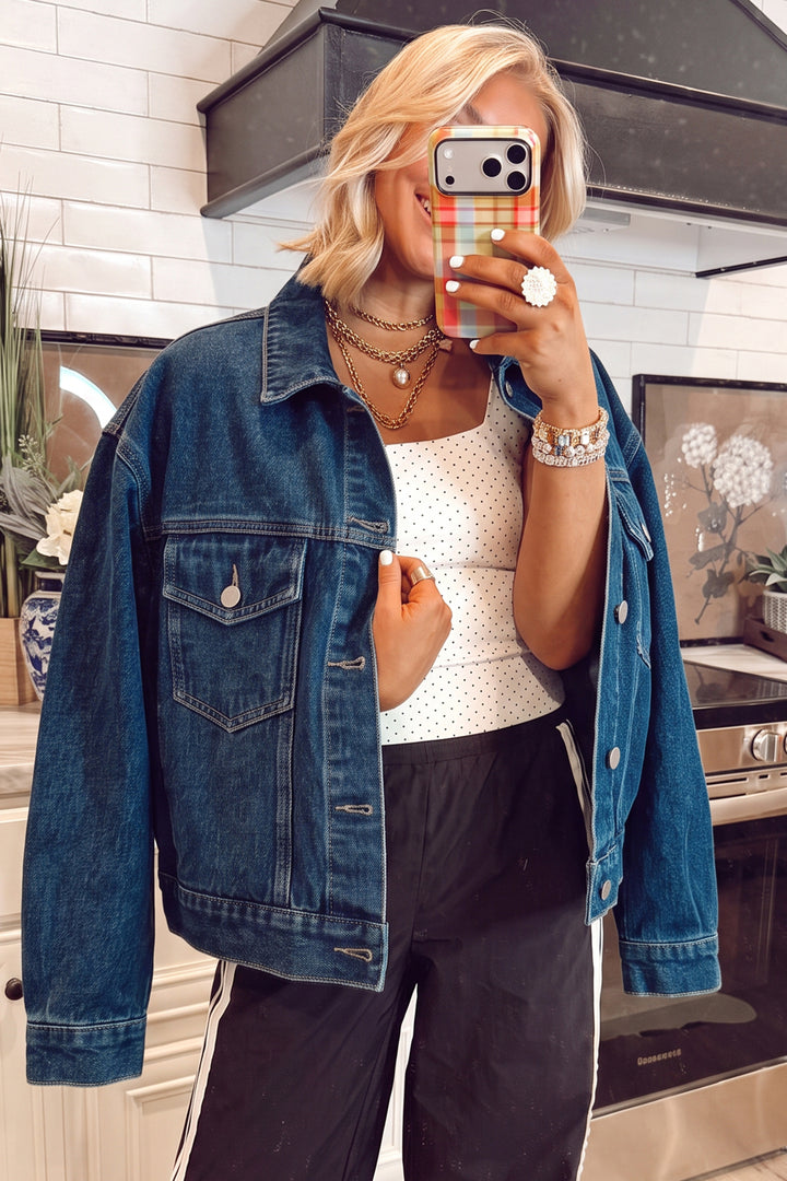 Navy Blue Vintage Button Flap Pocket Casual Denim Jacket