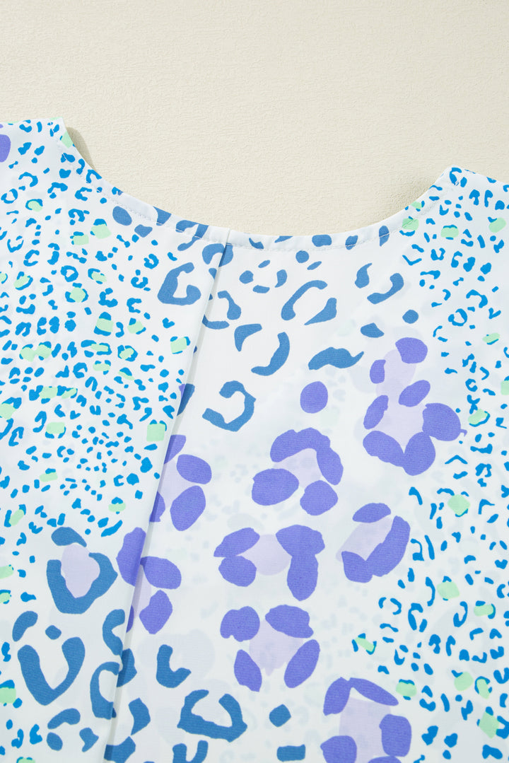 Sky Blue Leopard Print Short Sleeve V Neck Plus Size Top