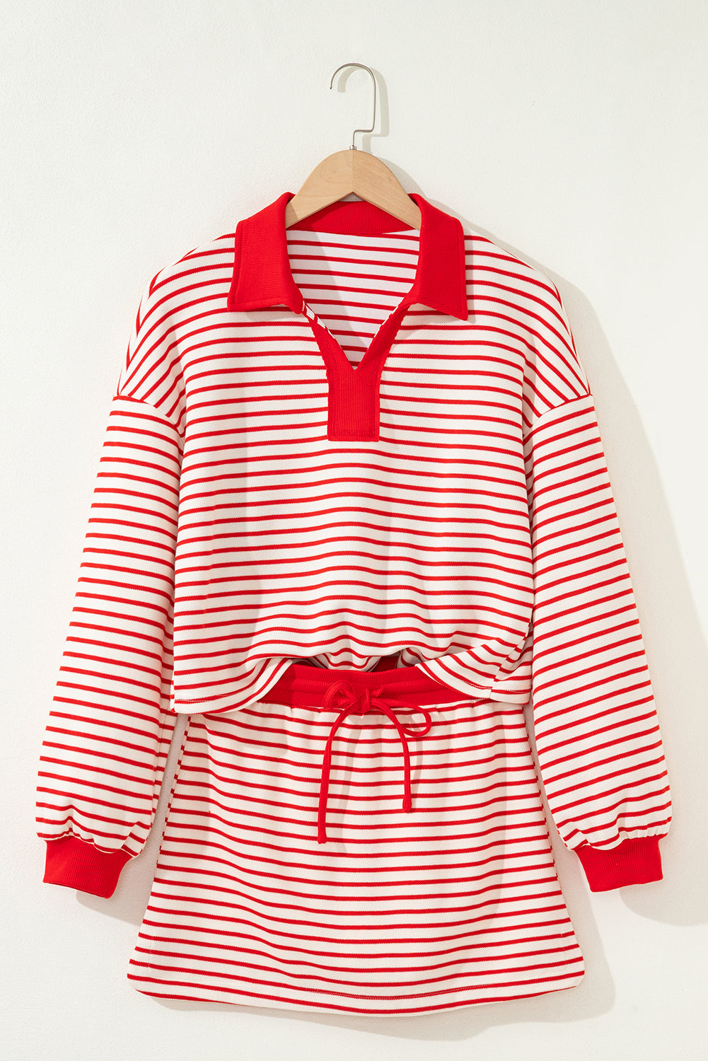 Red Stripe Collared V Neck Pullover and Skort 2pcs Outfit