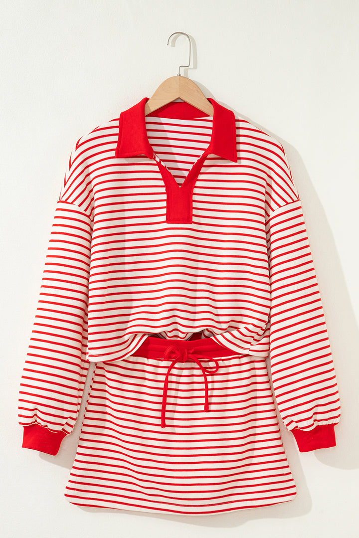 Red Stripe Collared V Neck Pullover and Skort 2pcs Outfit