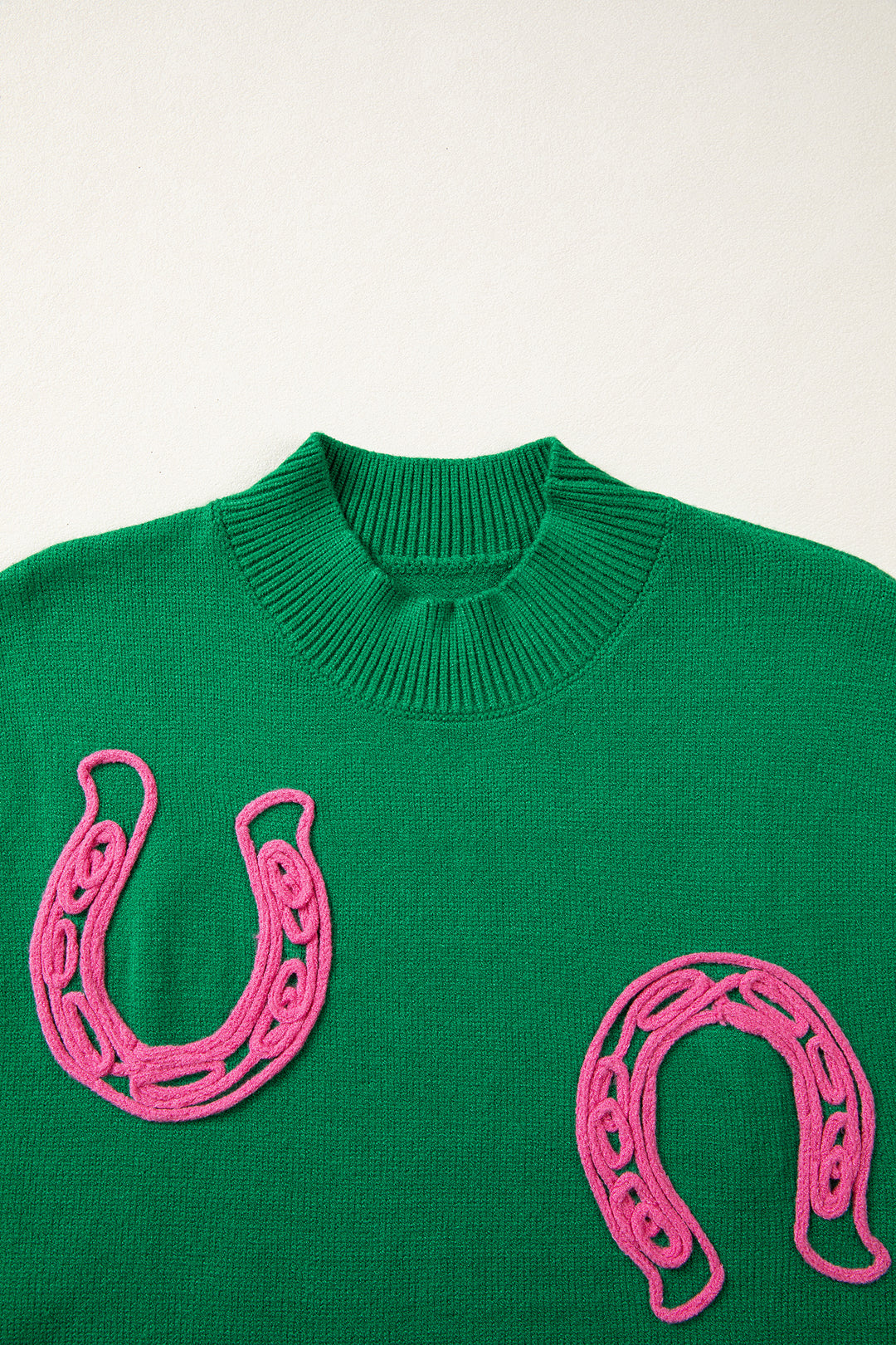 Bright Green Corded Horseshoes Ribbed Trim Mock Neck Short Sleeve Sweater