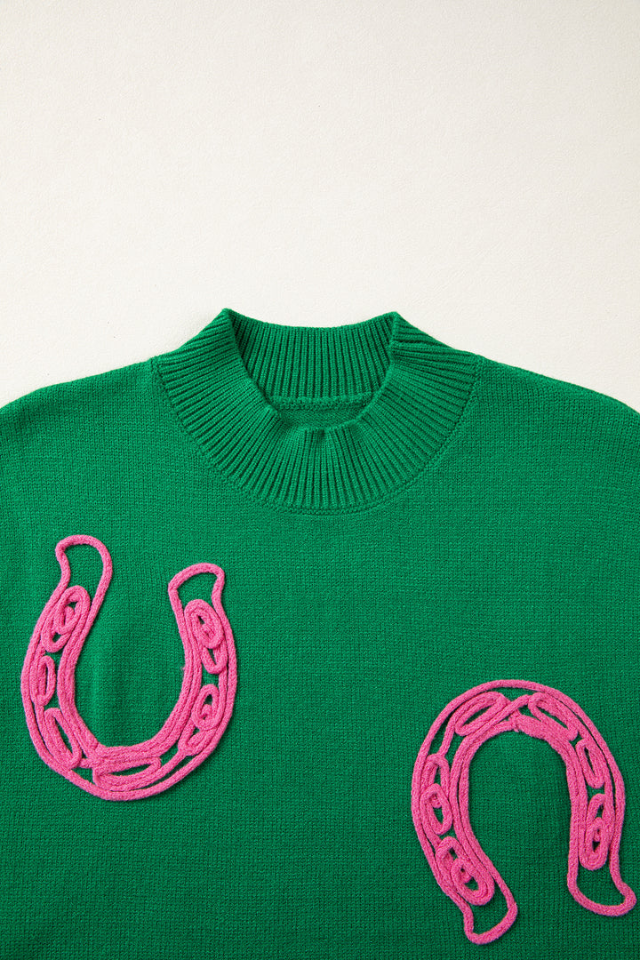 Bright Green Corded Horseshoes Ribbed Trim Mock Neck Short Sleeve Sweater