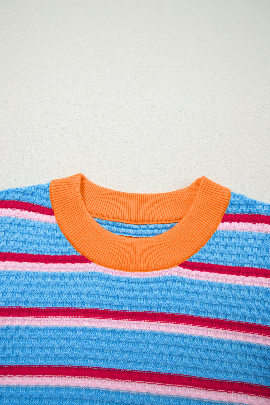 Sky Blue Stripe Colorblock Trim Half Sleeve Sweater Top