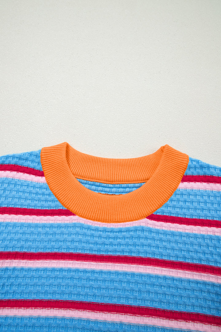 Sky Blue Stripe Colorblock Trim Half Sleeve Sweater Top
