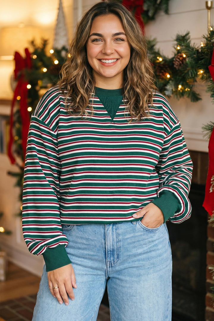 Green Stripe Round Neck Long Sleeve Shift Plus Size Sweatshirt