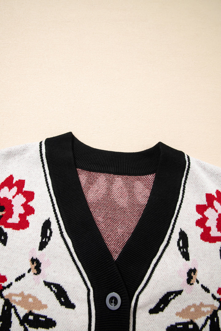 Floral Print Buttoned Front V Neck Knit Cardigan