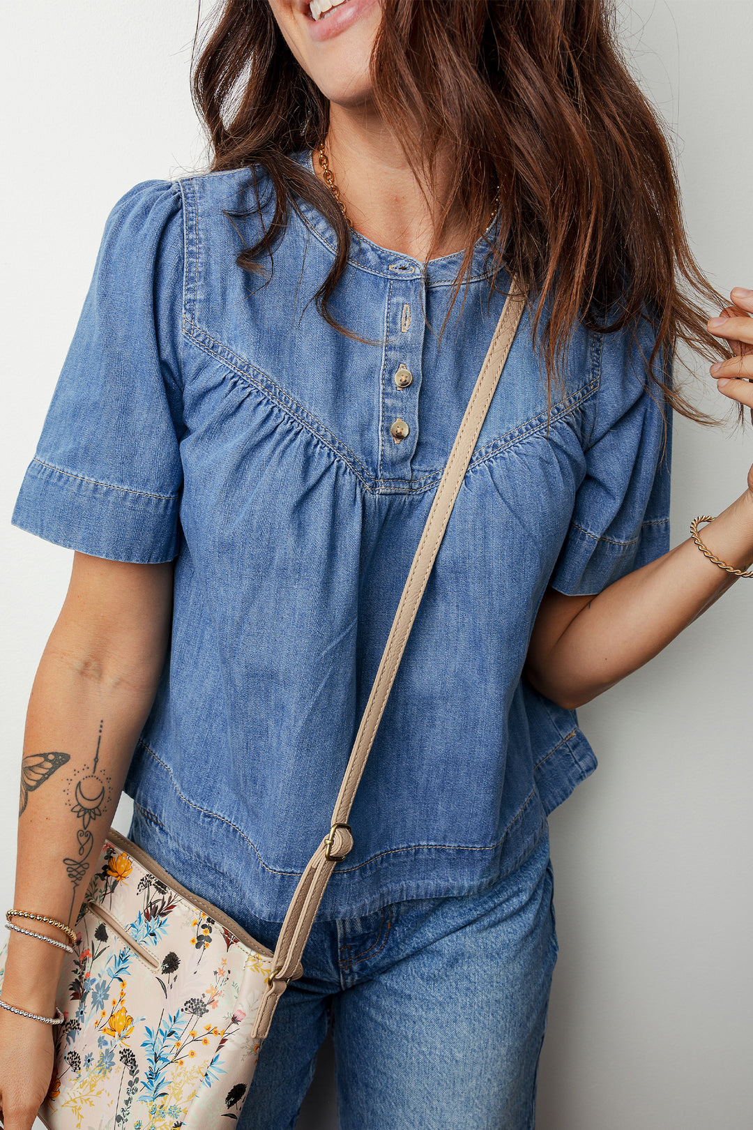 Seam Pleated Detail Half Button Short Sleeve Denim Top