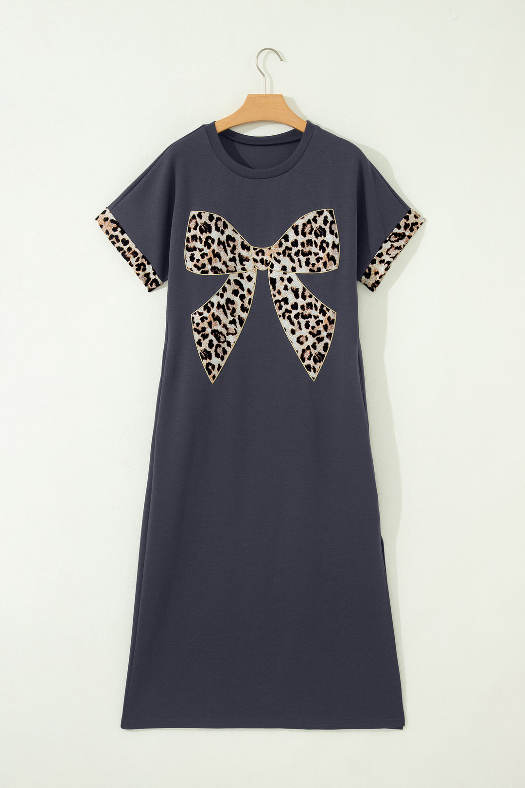Dark Grey Contrast Leopard Bow Patched Short Sleeve T Shirt Long Dress