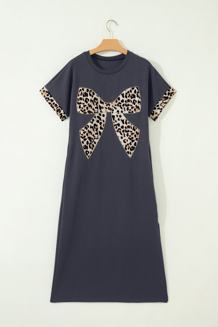 Dark Grey Contrast Leopard Bow Patched Short Sleeve T Shirt Long Dress