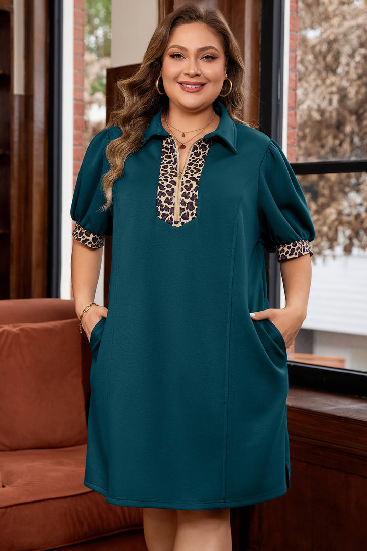 Sea Green Leopard Quarter Zip Collared Plus Size Mini Dress