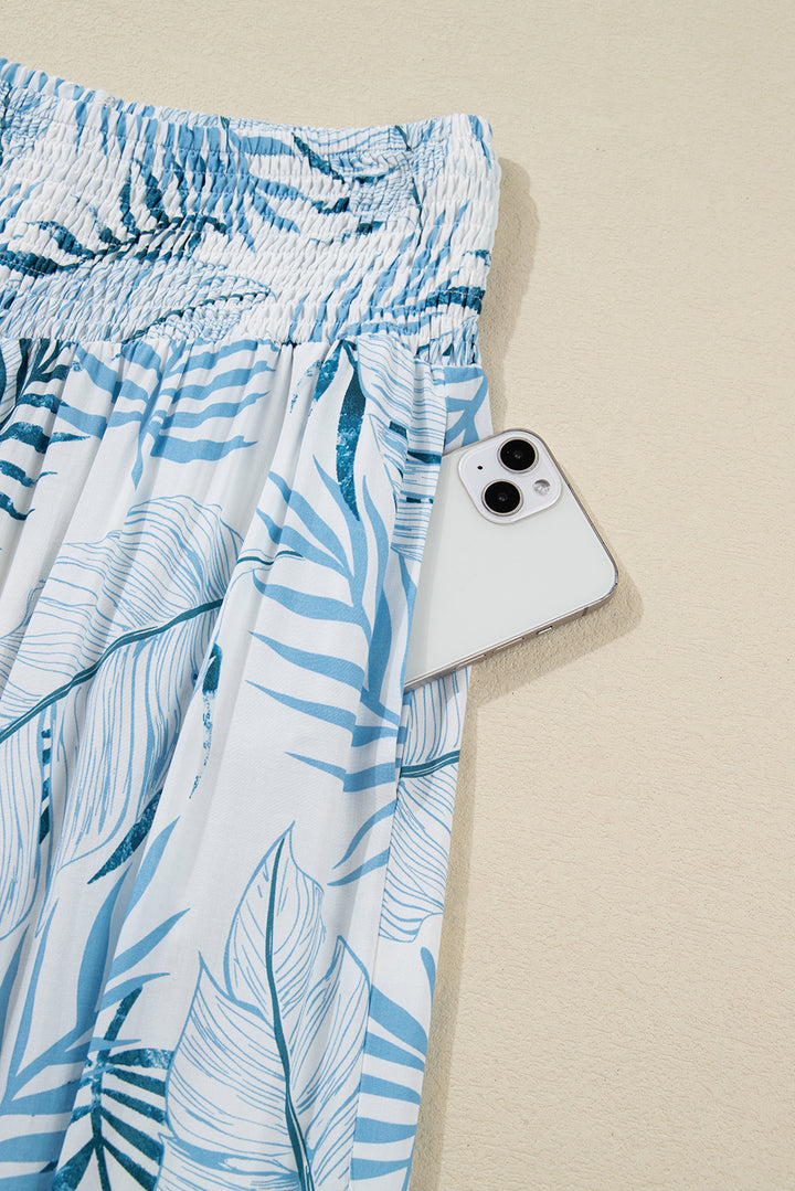 Sky Blue Botanic Print Shirred Waistband Wide Leg Pants