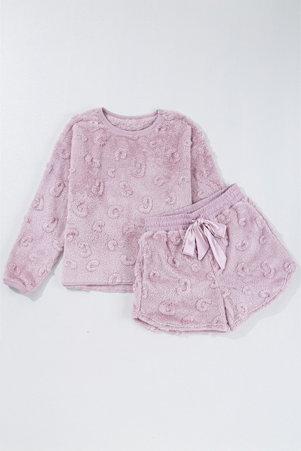 textured leopard fleece loose two piece lounge set
