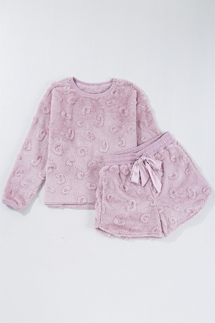 textured leopard fleece loose two piece lounge set