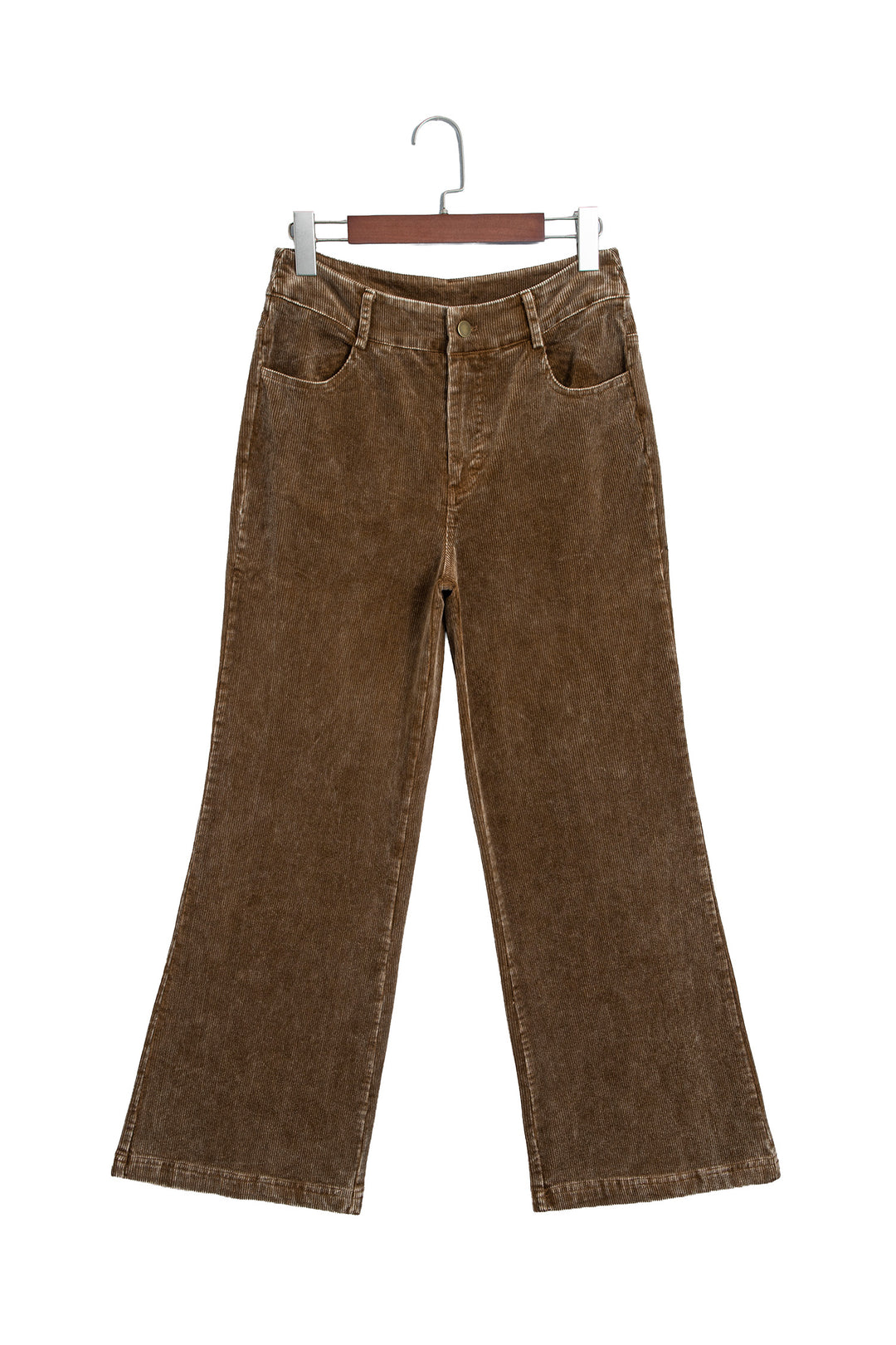 Camel Straight Leg Corduroy Metal Button Zip-up Pants