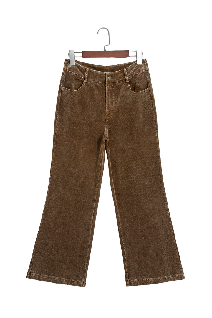 Camel Straight Leg Corduroy Metal Button Zip-up Pants