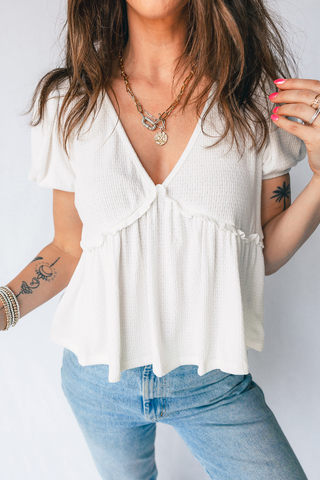 Textured Knit V Neck Short Bubble Sleeve Peplum Top