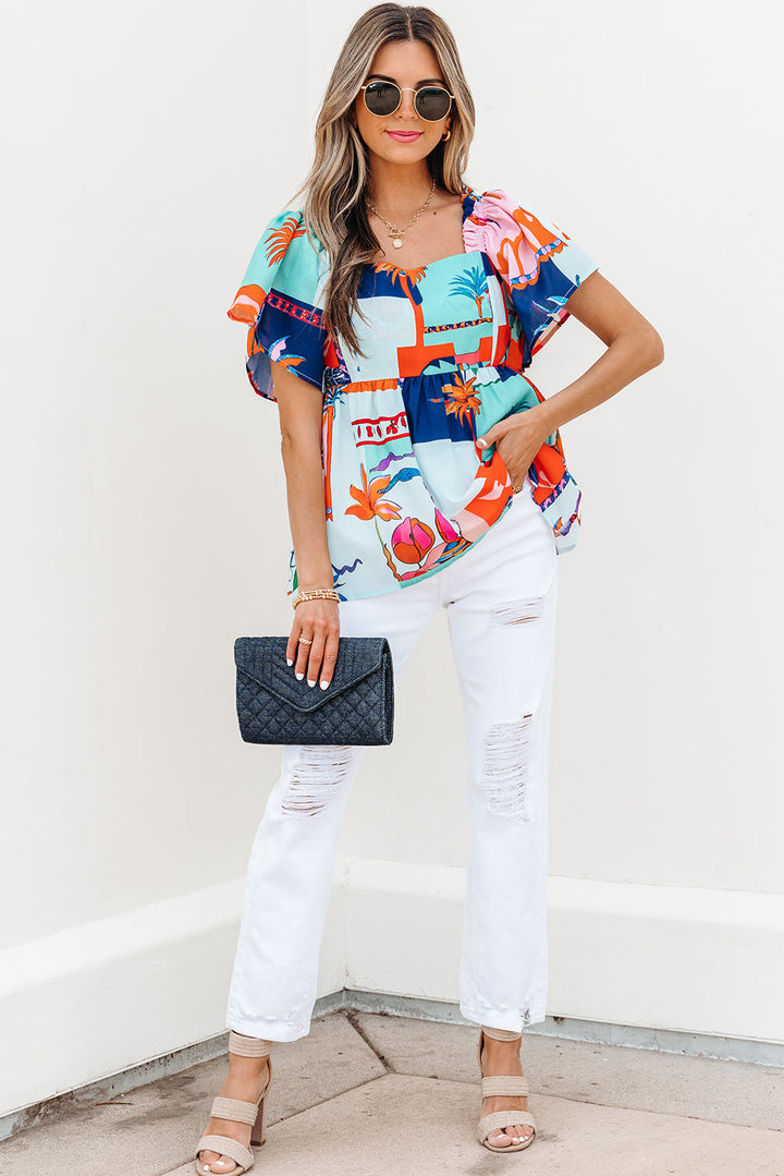 tropical printed square neck flutter sleeve babydoll blouse