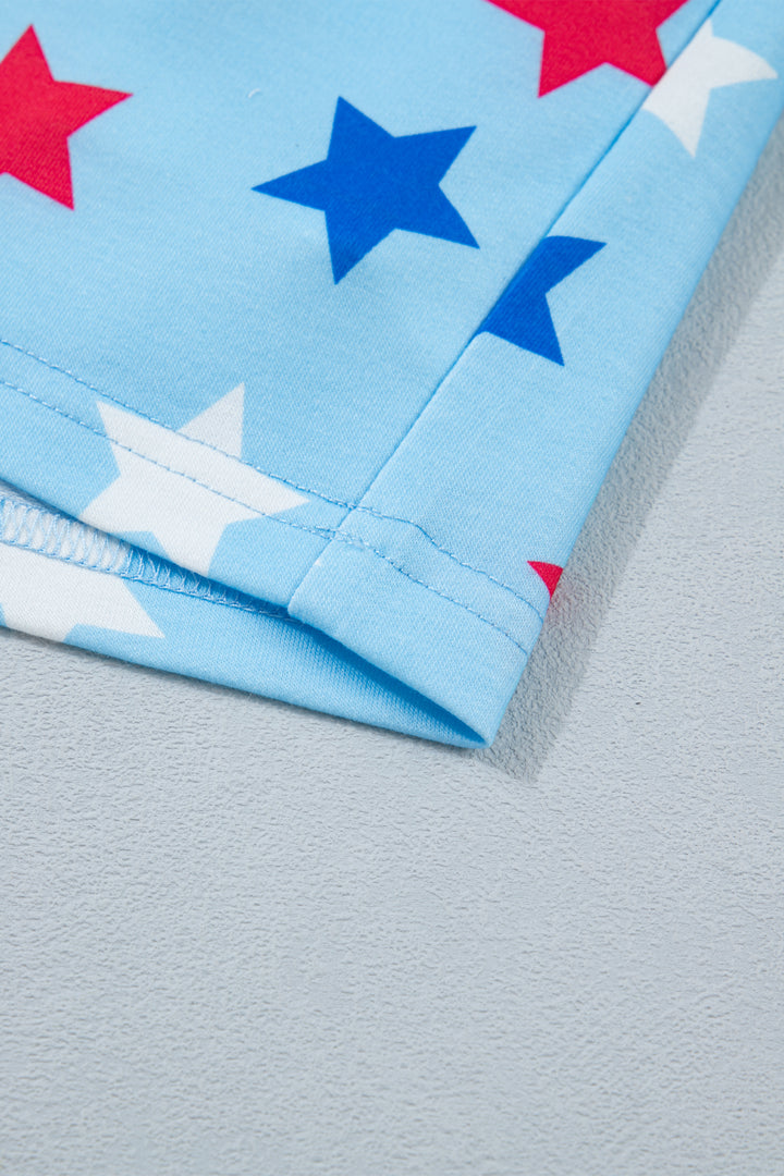 Sky Blue Patriotic Star Printed Beaded Drawstring Mini Skort