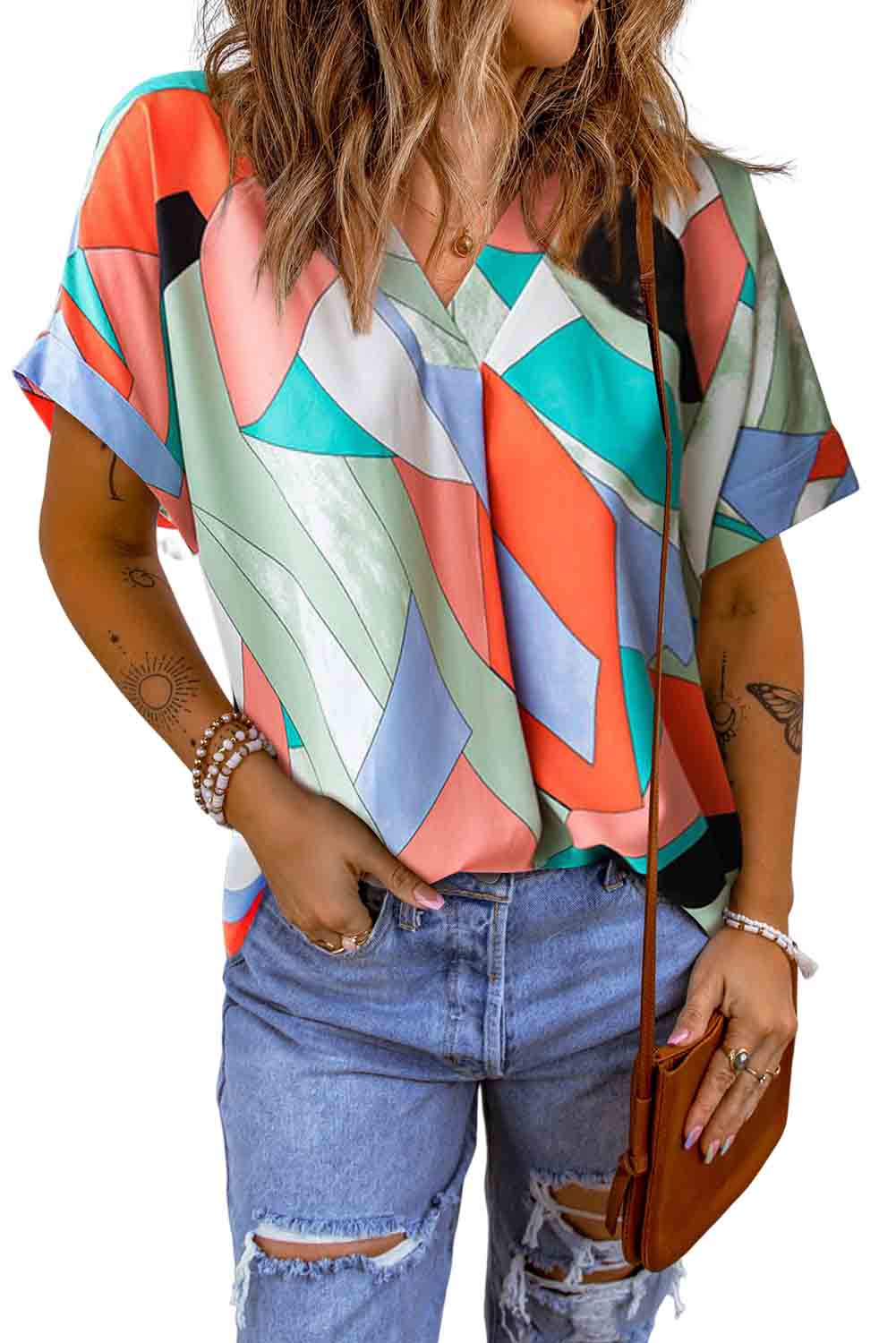 Multicolor Irregular Color Block Printed Short Sleeve Blouse