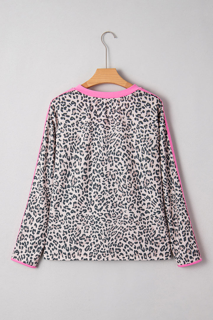 Leopard Print Contrast V Neck Varsity Stripe Detail Long Sleeve Top