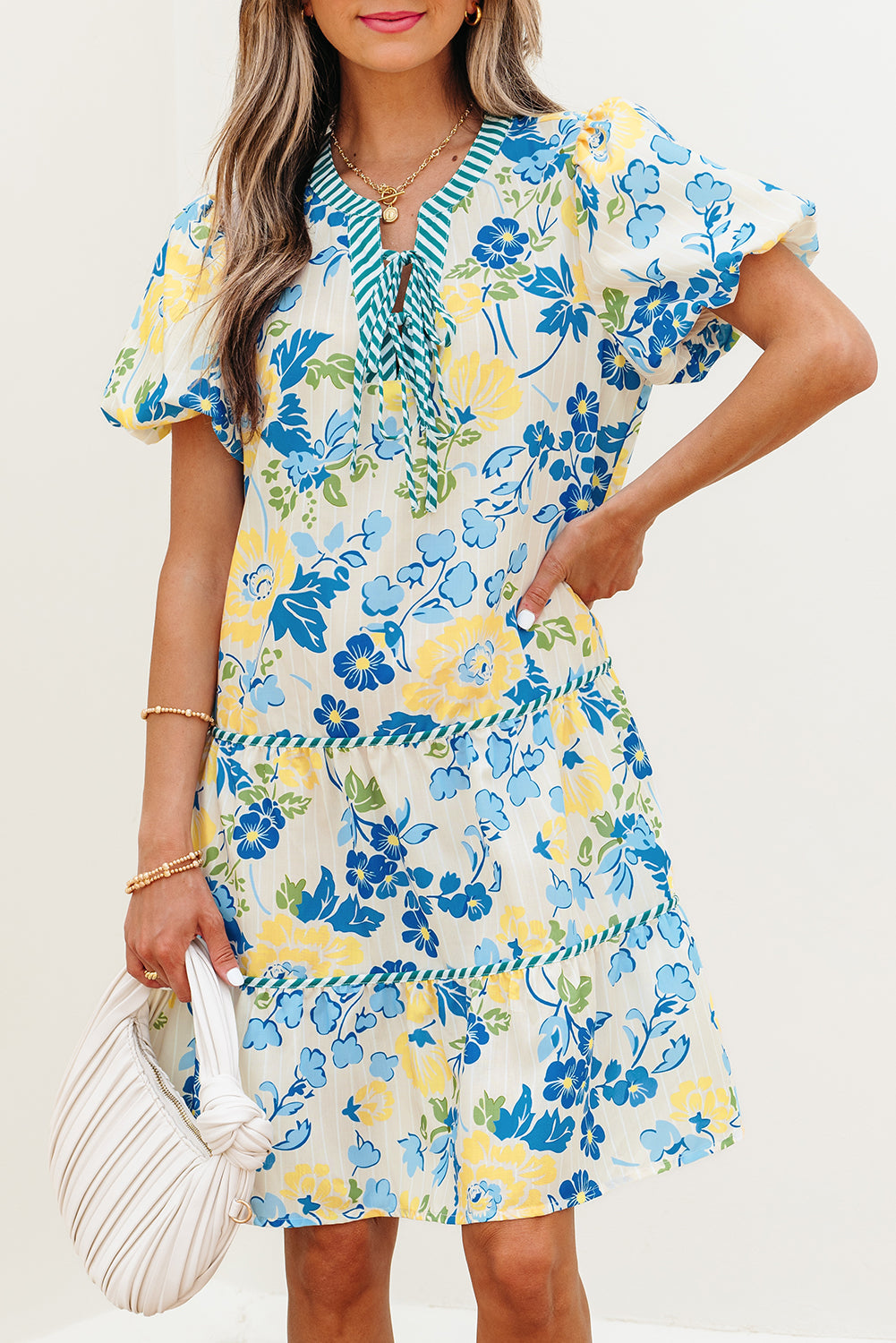 floral striped trim puff short sleeve dress