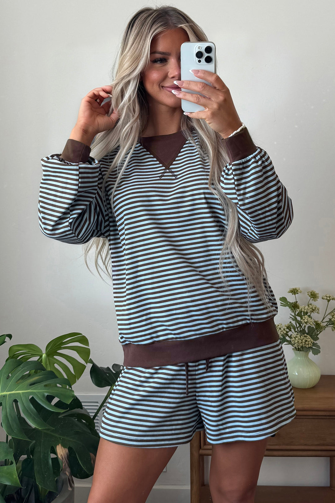 Brown Stripe Oversized Long Sleeve Top Drawstring Loose Shorts 2pcs Set