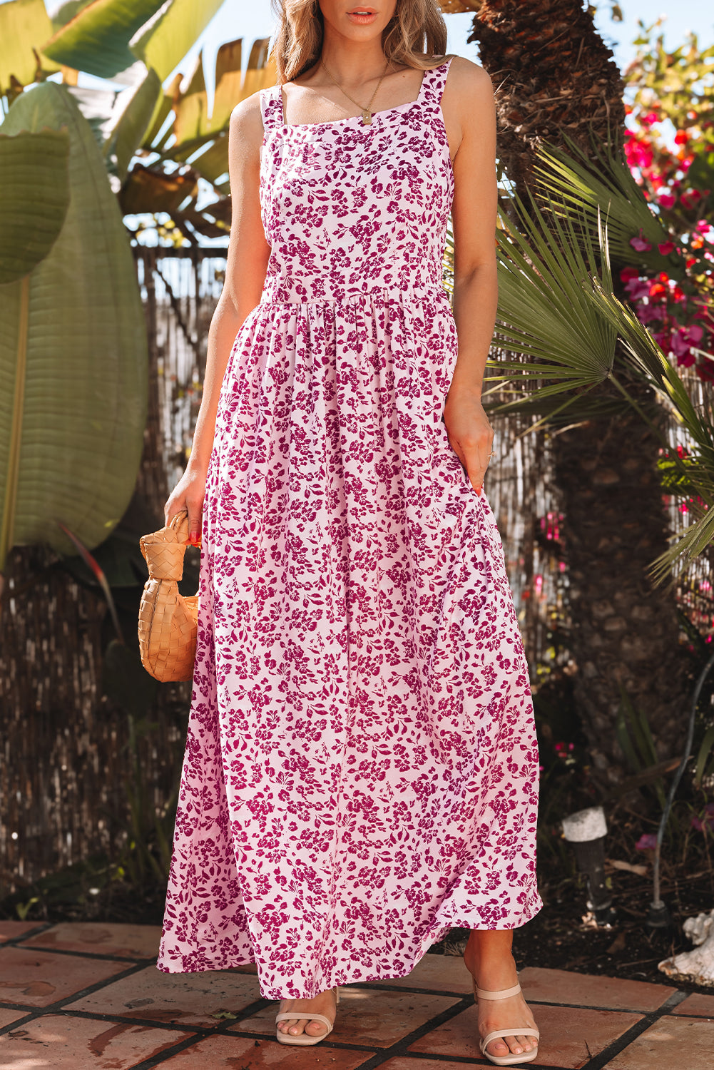 Floral Cutout Back Empire Waist Sleeveless Maxi Dress