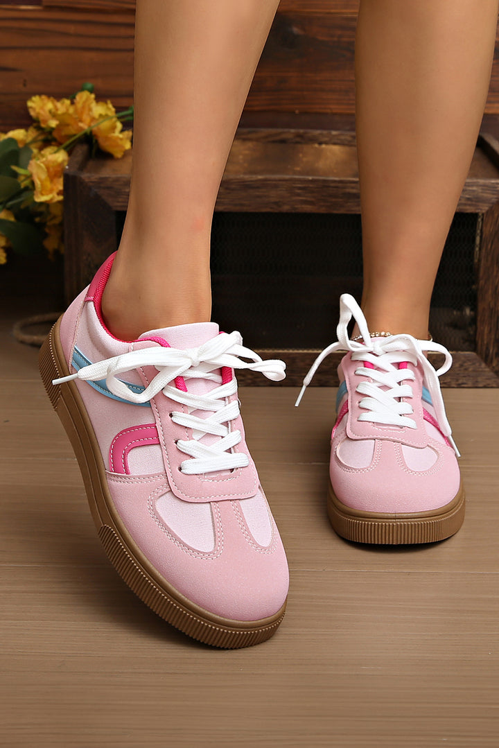 Color Block PU Leather Patchwork Lace Up Flat Shoes