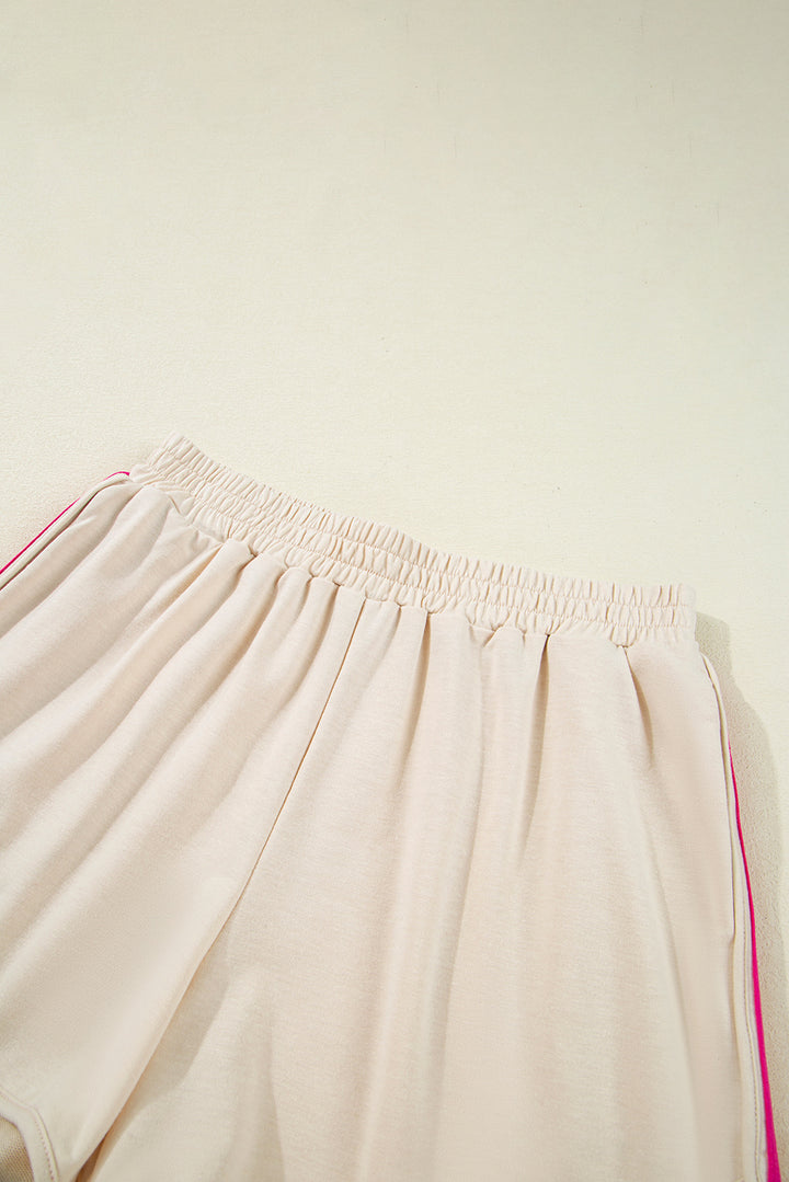 Beige Vibrant Striped Detail Athleisure 2pcs Short Set