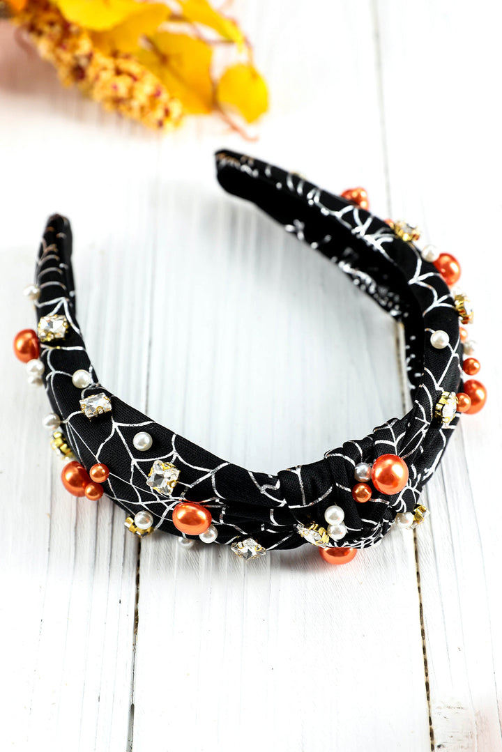 Pearled Rhinestone Knotted Spiderweb Halloween Headband