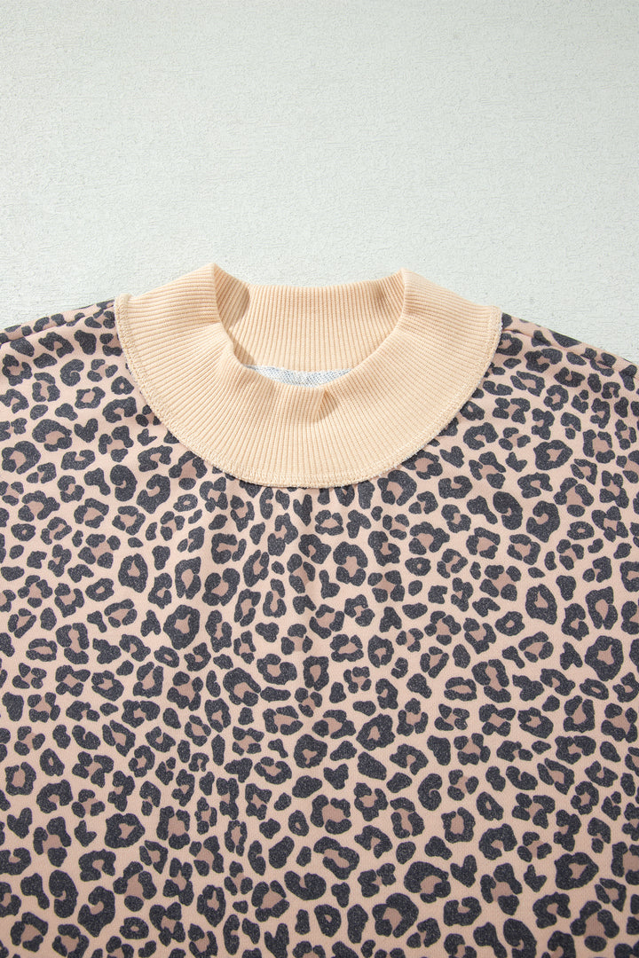 Multicolour Leopard Print High Neck Long Sleeve Ribbed Cuffs Hem Sweatshirt