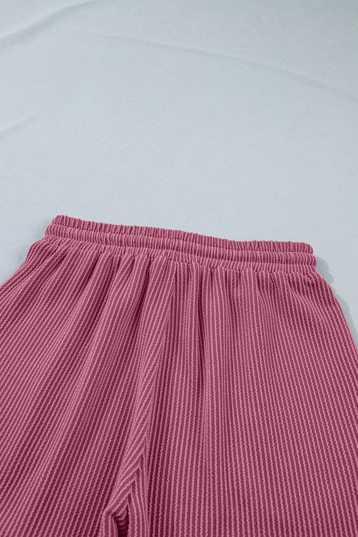 Pitaya Pink Twisted Ribbed Loose Tee Drawstring Elastic Waist 2pcs Short Set