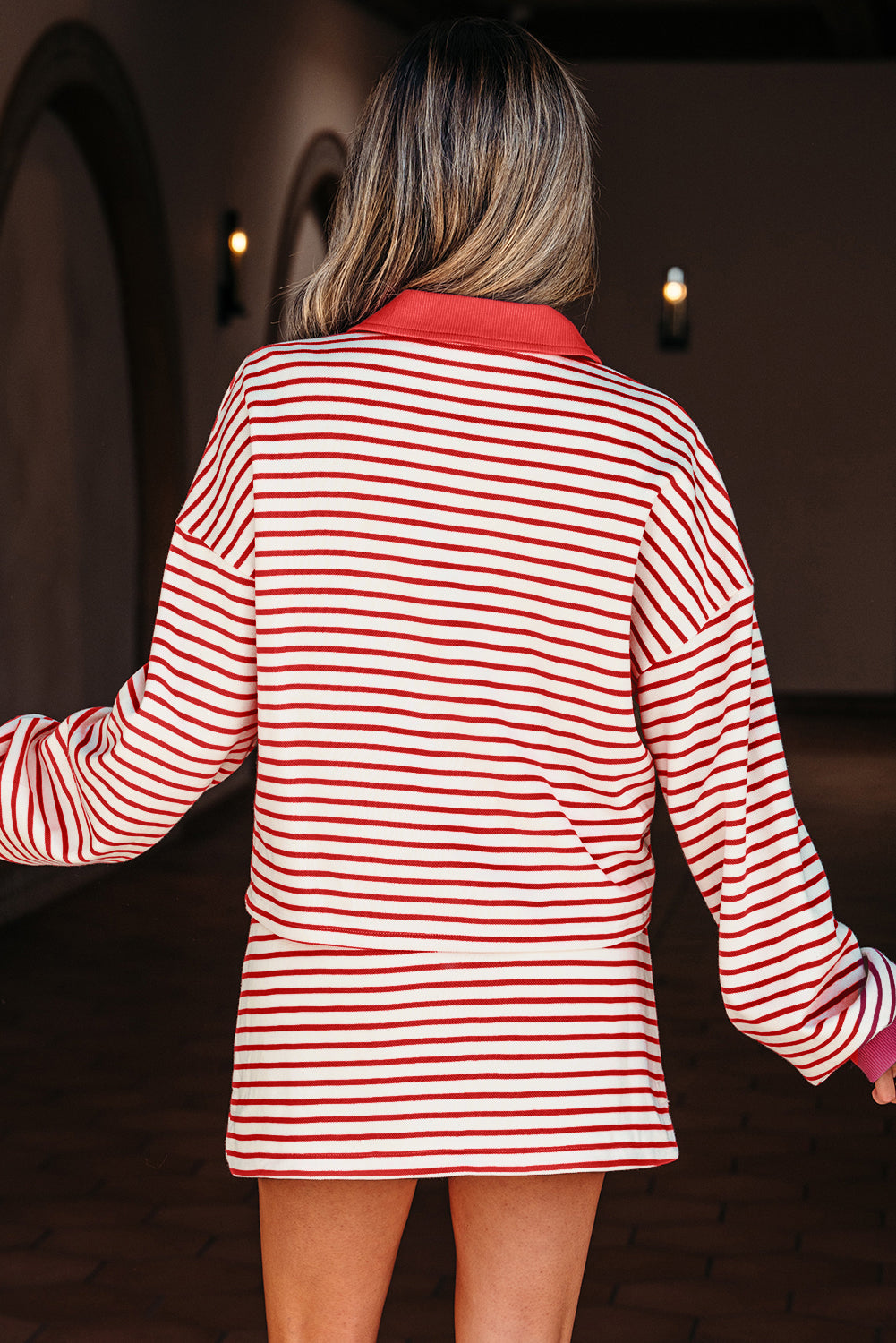 Red Stripe Collared V Neck Pullover and Skort 2pcs Outfit