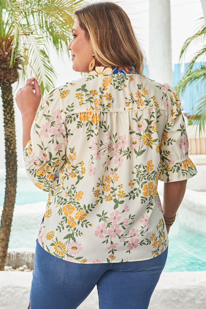 Multicolour Plus Size Floral Print Woven V Neck Half Sleeve Blouse