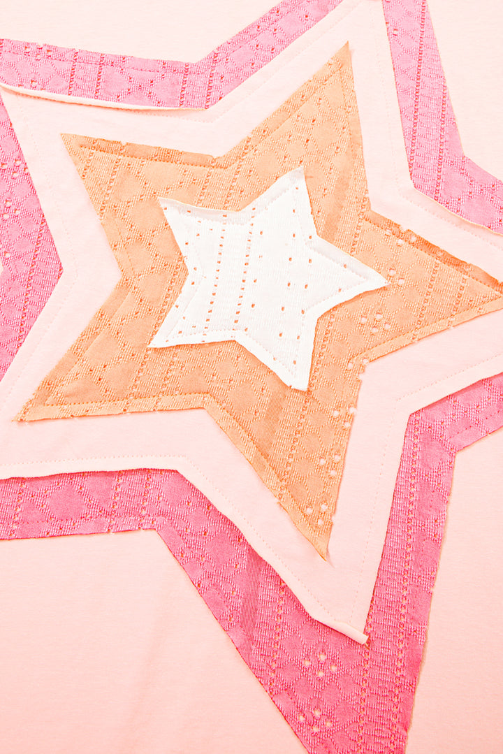 Light Pink Eyelet Lace Star Applique Plus Size T Shirt